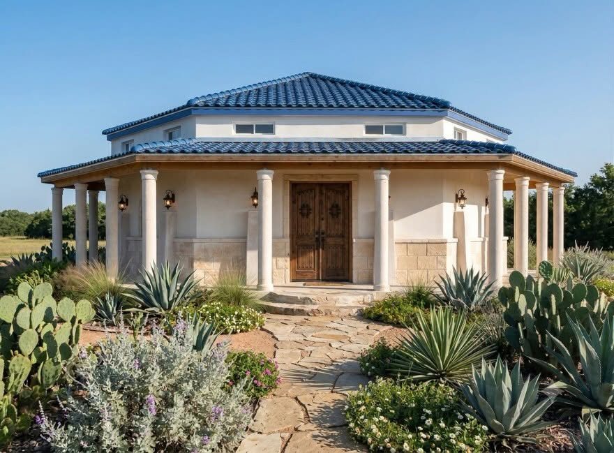 Hexagonal adobe temple with a blue tile roof, columns, and a cactus garden
